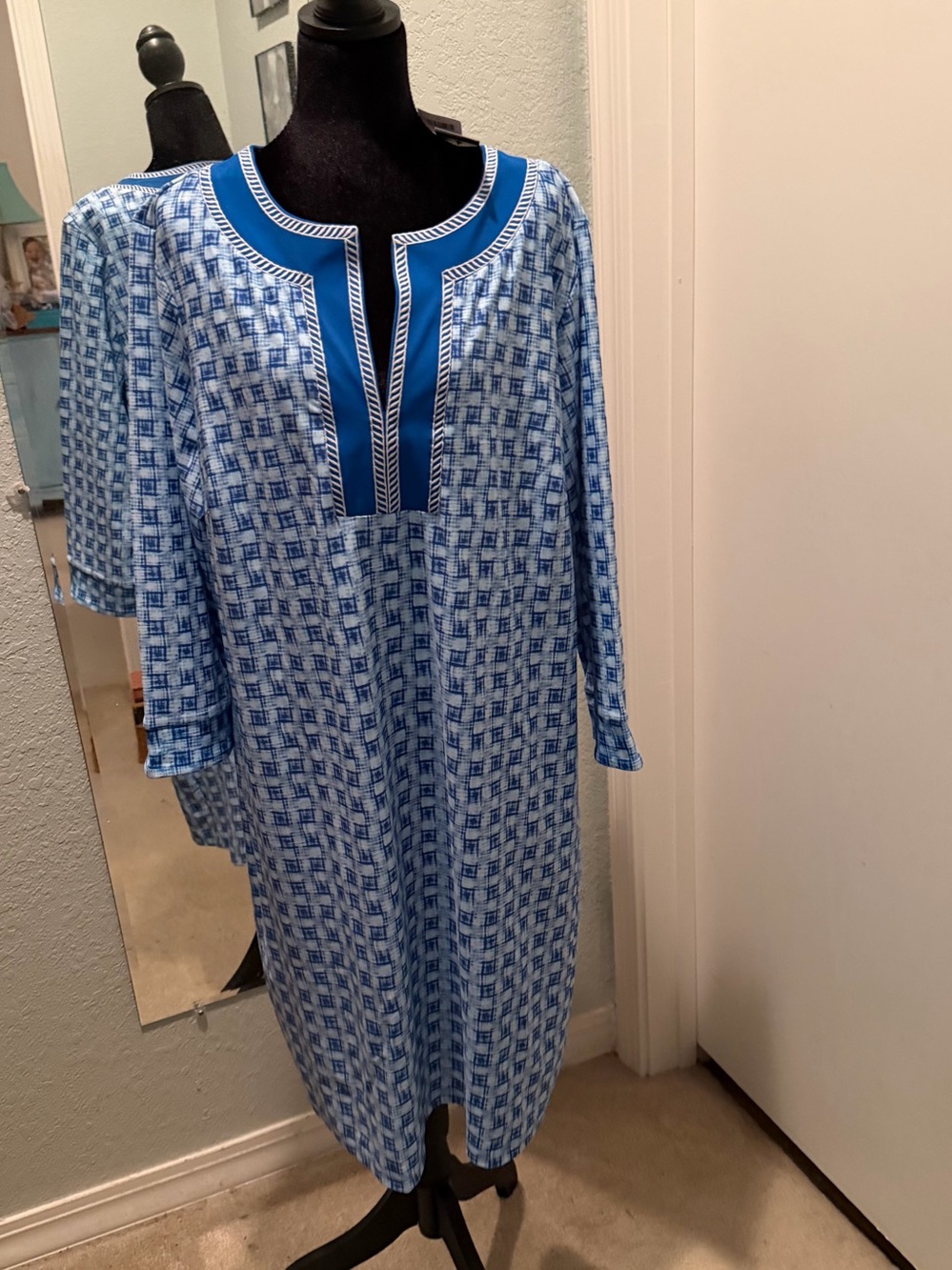 Cabana Life Blue Patterned Tunic with Navy Trim  NWT